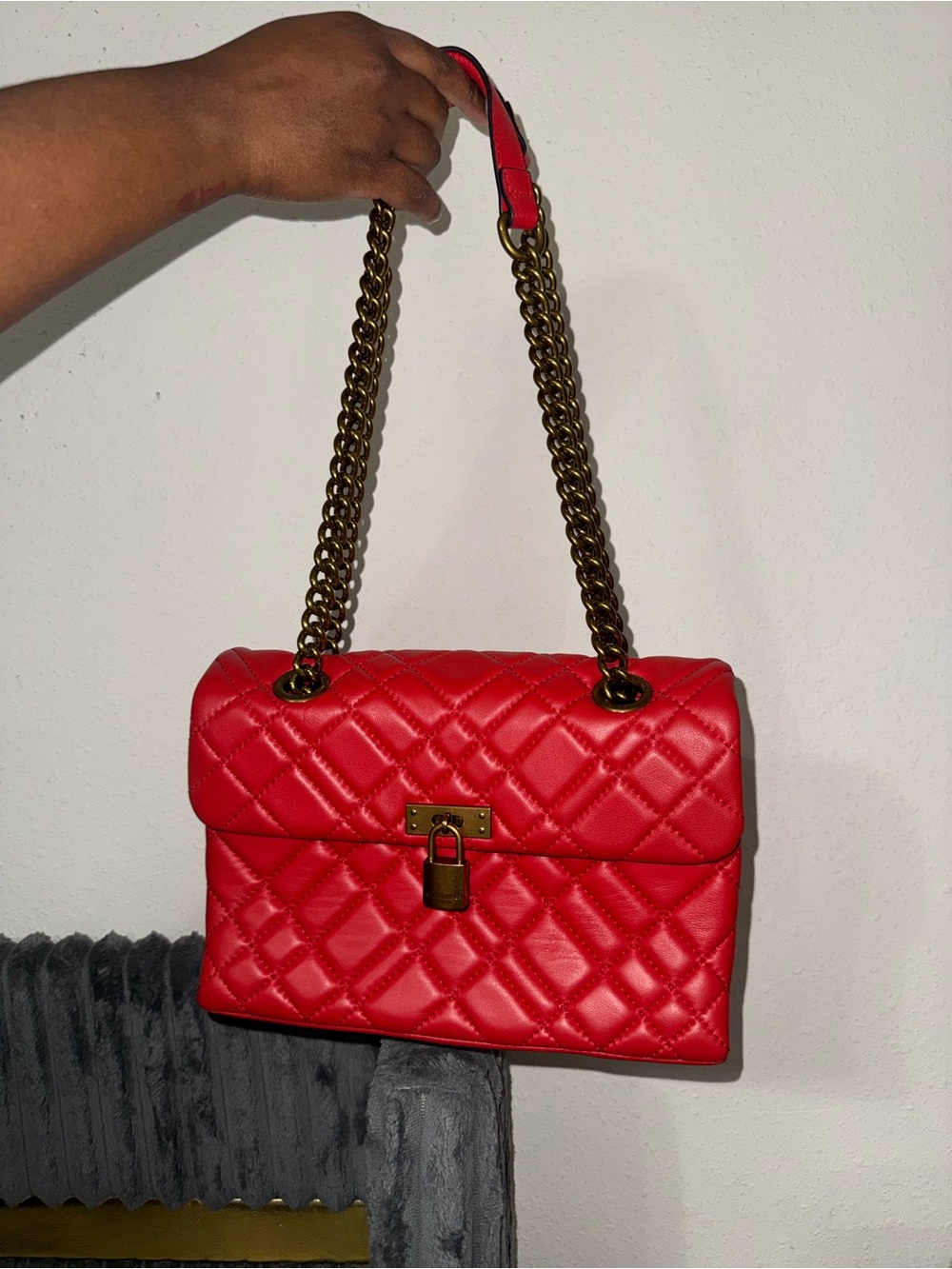 Kurt Geiger Quilted Red Shoulder Bag with Gold Chain